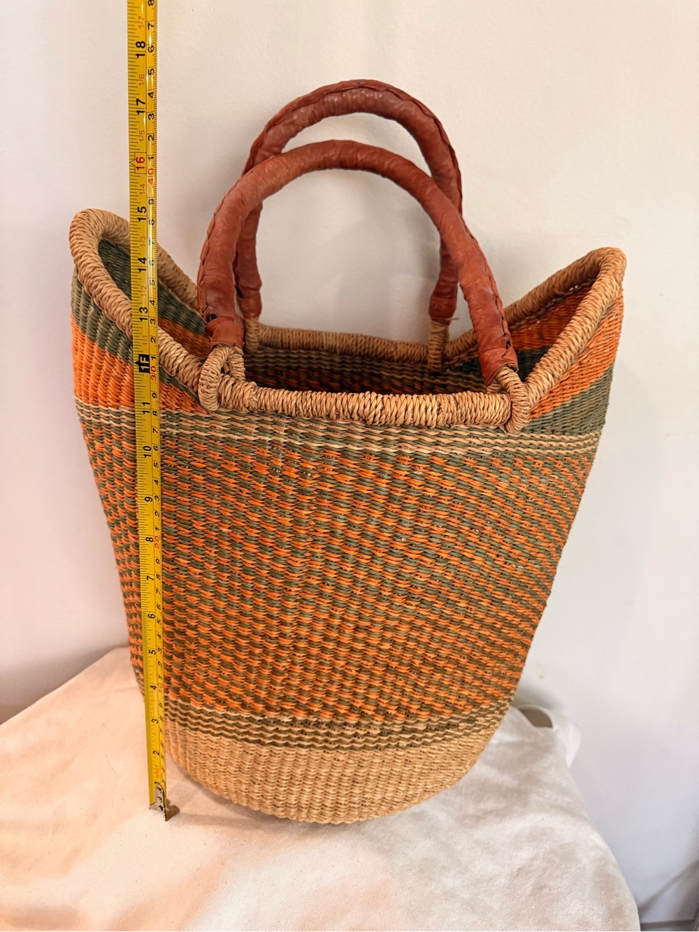 Handwoven African Straw Tote in Orange, Green and Natural with Leather Handles - Picture 7 of 11